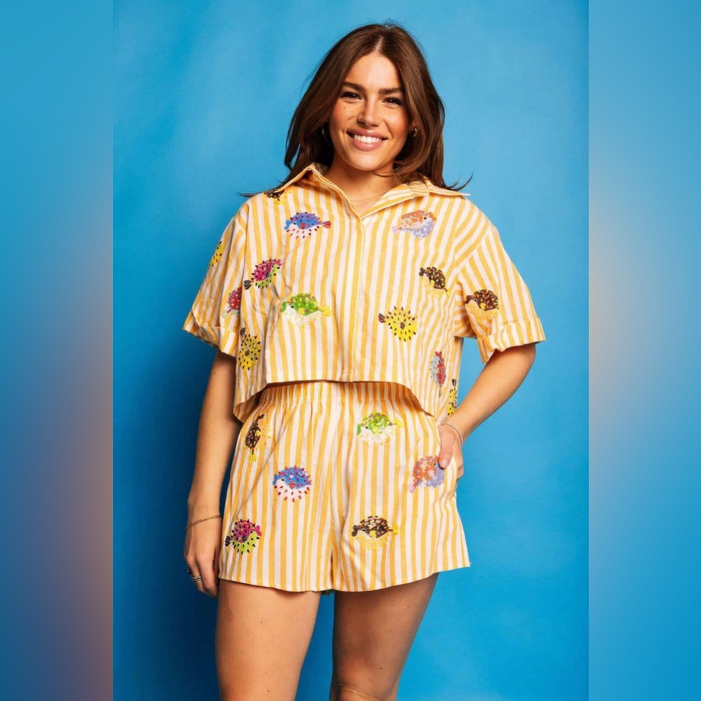 QUEEN OF SPARKLES Yellow Striped Set with Colorful Embellishments